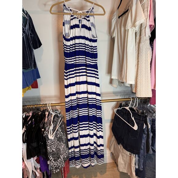 MILLY Design Nation Dress Blue White Stripe Halter Maxi Tie Back‎ Size Medium - Picture 1 of 10